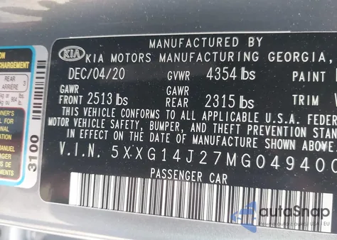 2021 Kia K5 Lxs z USA, uszkodzony, nr VIN 5XXG14J27MG049400